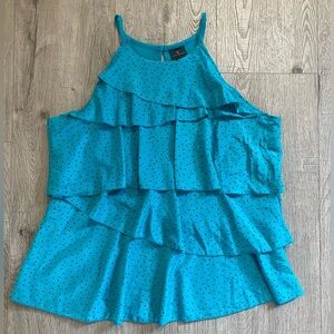 High Neck Sleeveless Tank in Teal with Black Polka Dots, XL Extra Large